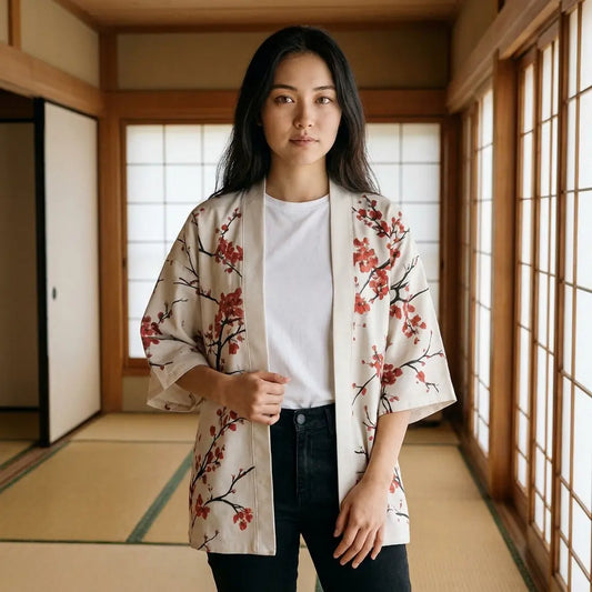 Kimono Jacke von vorne mit roten Blütenzweigen über beide Ärmel verlaufend