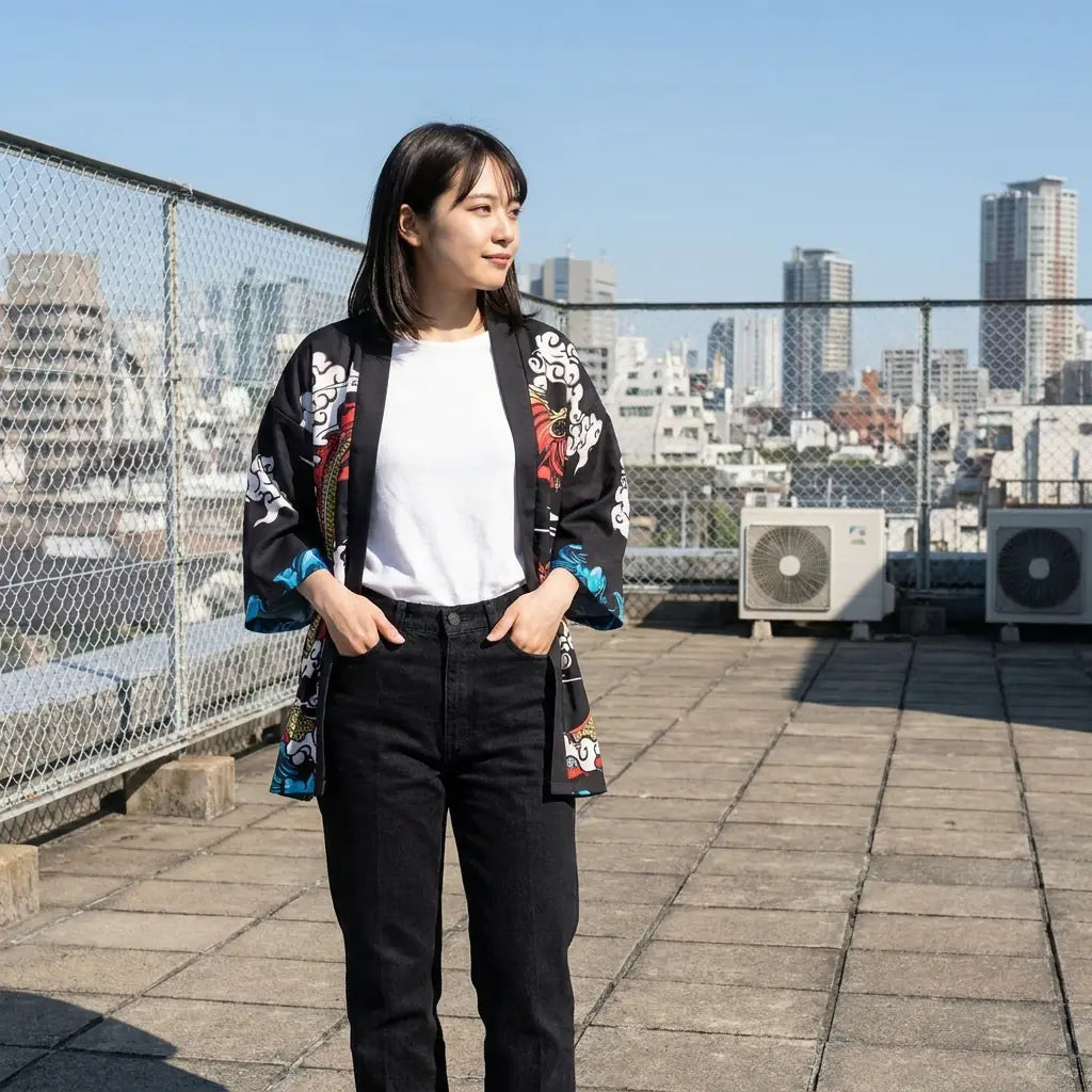 Die türkisfarbene Kimono Jacke fotografiert auf einer Dachterrasse in der Stadt, Hände in den Taschen