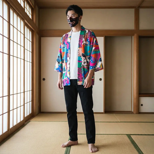 Mann in Ukiyo-e Kimono Jacke im traditionellen japanischen Washitsu Zimmer, Frontansicht