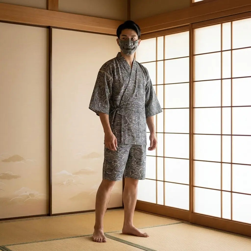 Vorderansicht des Kimono Jinbei und Bindebändern