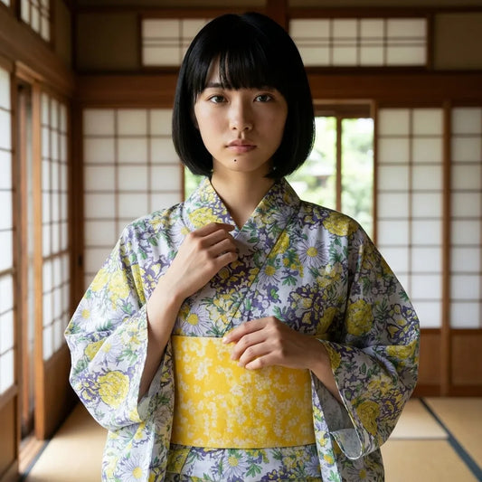 Rückansicht des gelben Kimono Kleids mit obi-artigem Taillenband und fließendem Saum