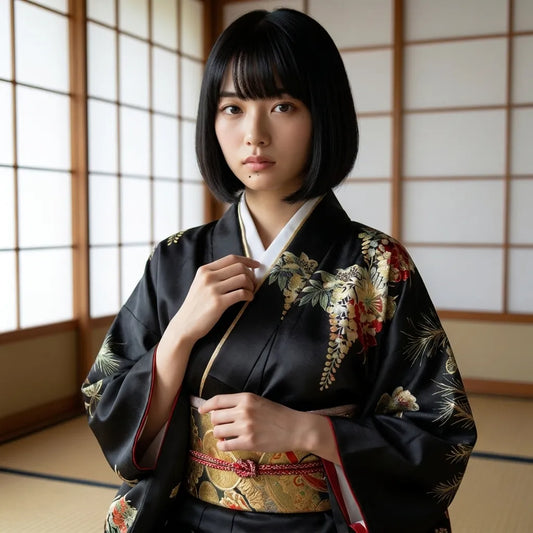 Detailansicht der Obi-ähnlichen Gürtelpartie am schwarzen Kimono Kleid