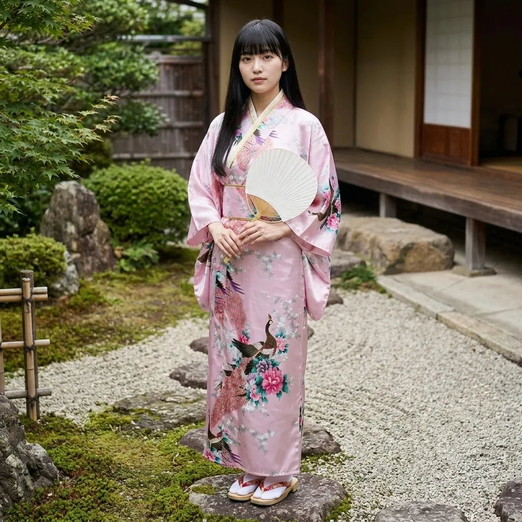 Rückansicht des pinkfarbenen Kimono Kleids mit Obi-Gürtel und fließenden Ärmeln
