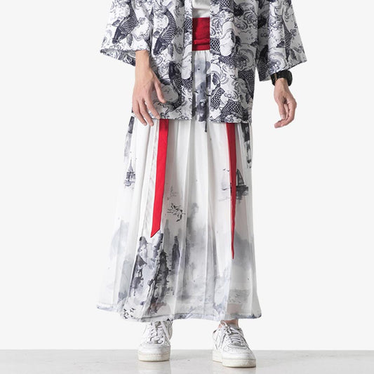 Weißes Kimono-Kleid mit aufgedrucktem Ukiyo-e Landschaftsmotiv