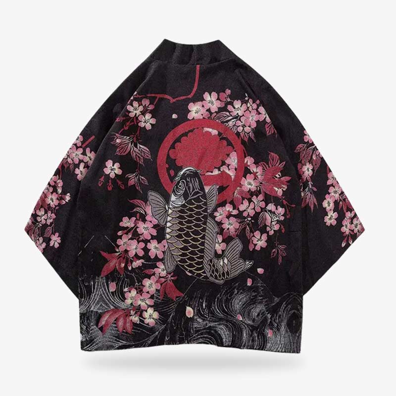 Kimono Koi Fisch Jacke in der Herrenvariante mit Kirschblüten auf Polyester