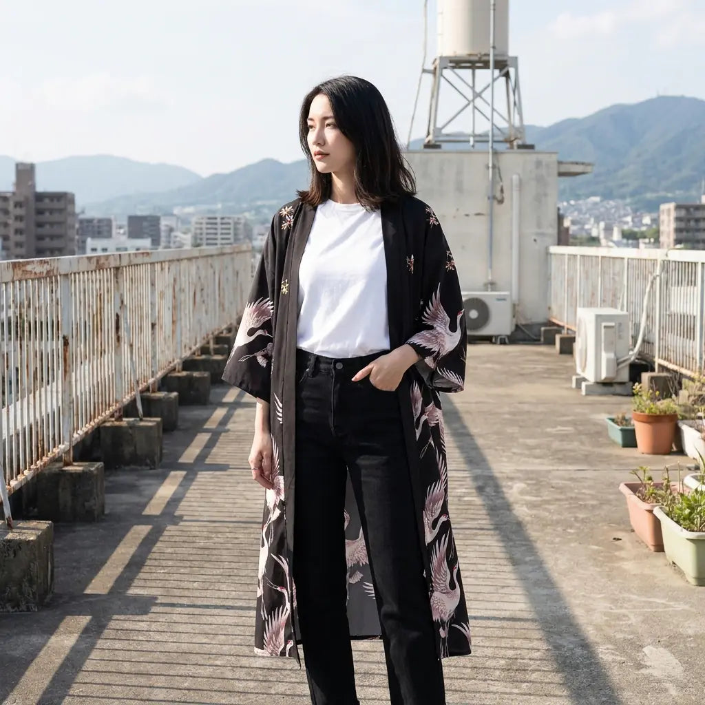 Schwarzer knöchellanger Kimono-Mantel mit Kranich-Muster, aufgenommen auf einer Dachterrasse mit Hügeln im Hintergrund