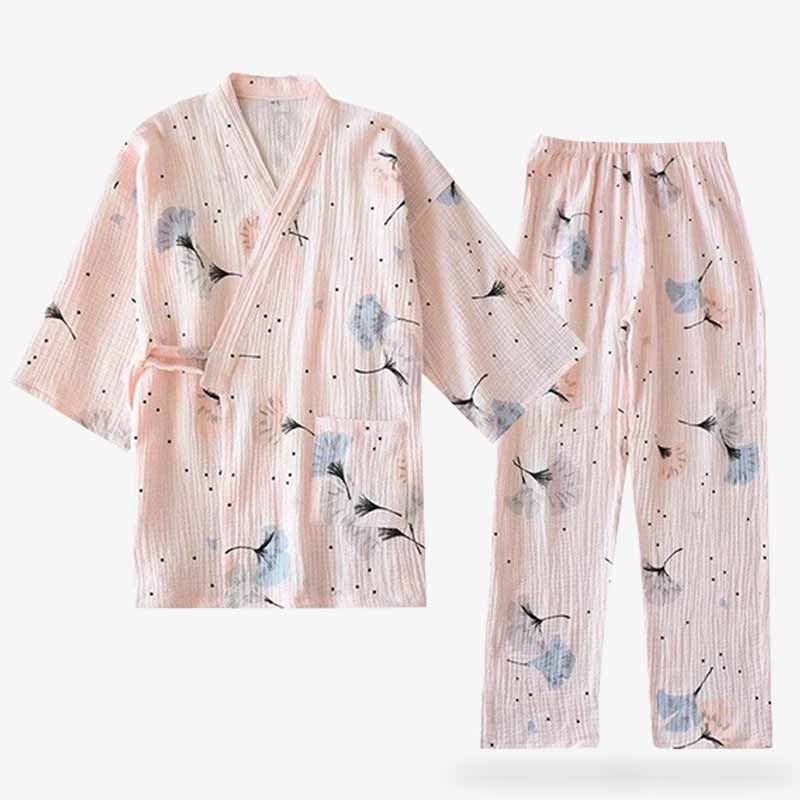 Kimono Pyjama Damen mit seitlicher Bindung und geprägtem Baumwollstoff