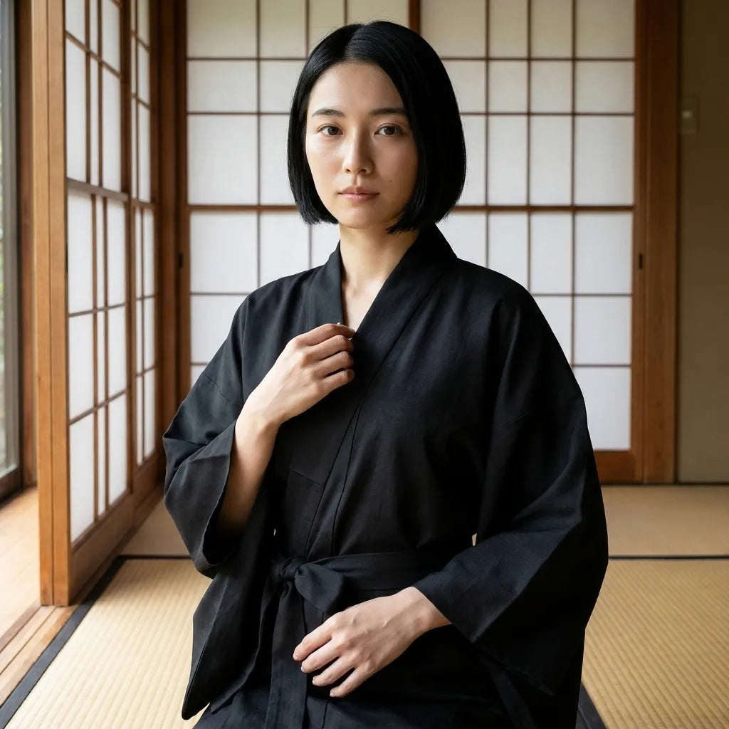 Rückansicht der schwarzen Nagajuban-inspirierten Kimono Robe mit langen geraden Bahnen