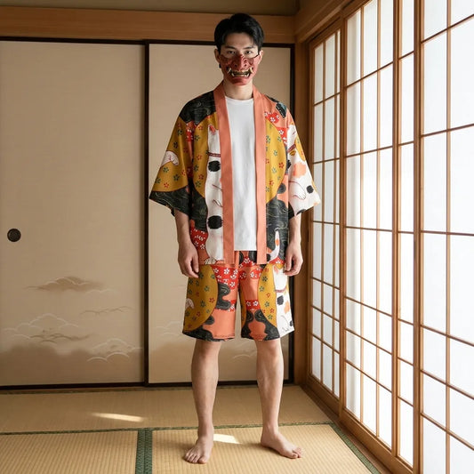 Kimono Set Herren, Haori Jacke mit Maneki Neko Motiv vorne