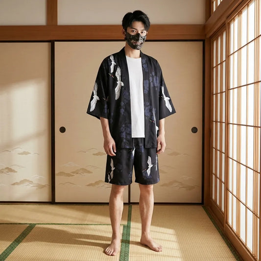 Herren Kimono Set mit Tsuru-Kranich Muster Vorderansicht
