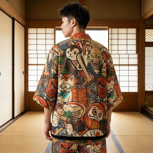 Kimono Set Sommer Rückansicht mit japanisch inspirierten Mustern
