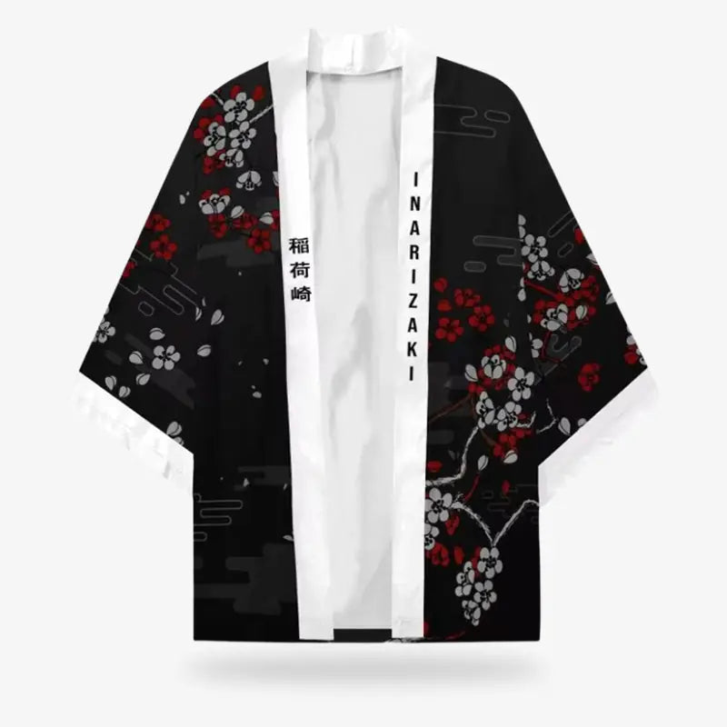 Kitsune Haori Jacke flach liegend mit offenem Kragen und Sakura Blütenmuster vorne