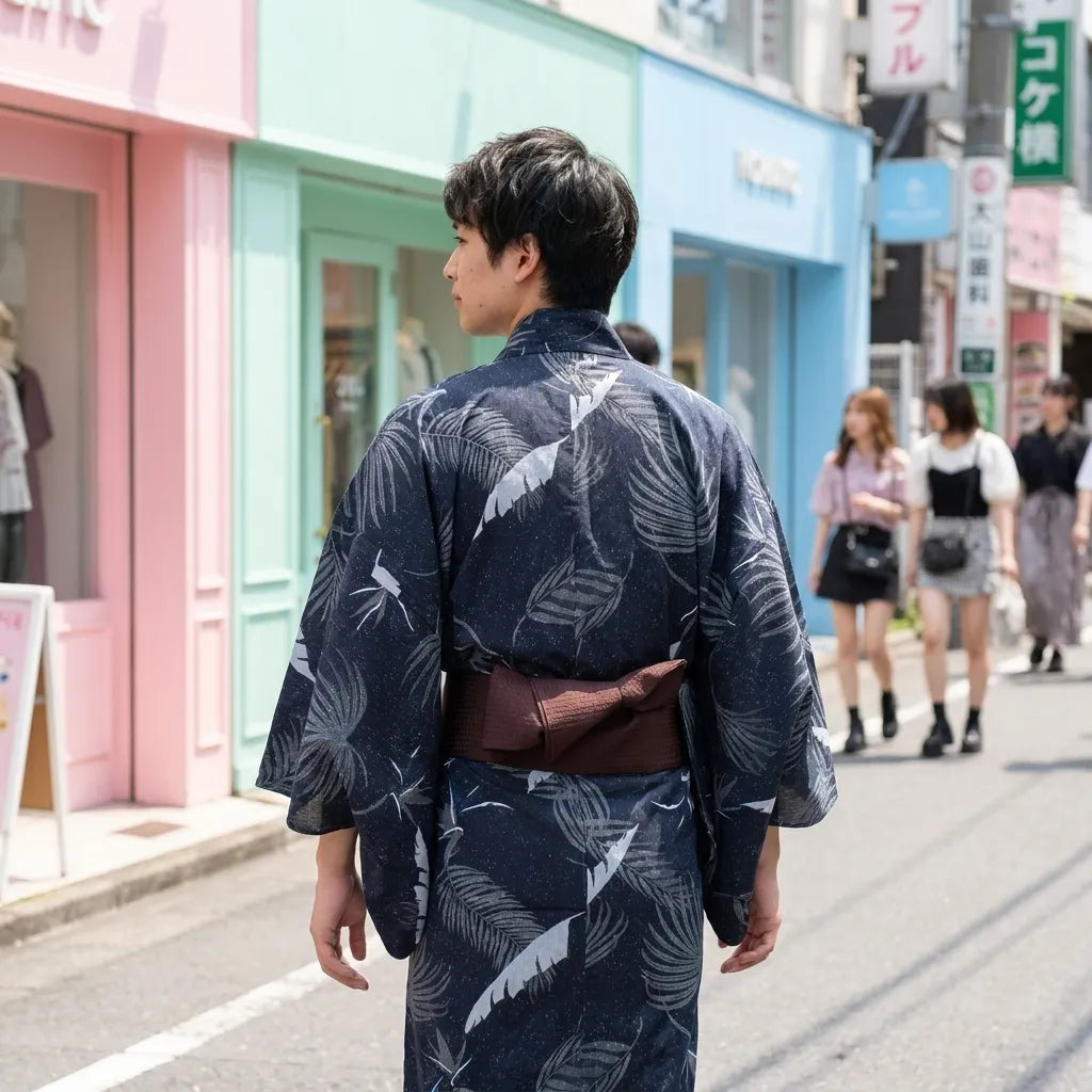 Nahaufnahme der Rückseite des Kranich Kimono Herren
