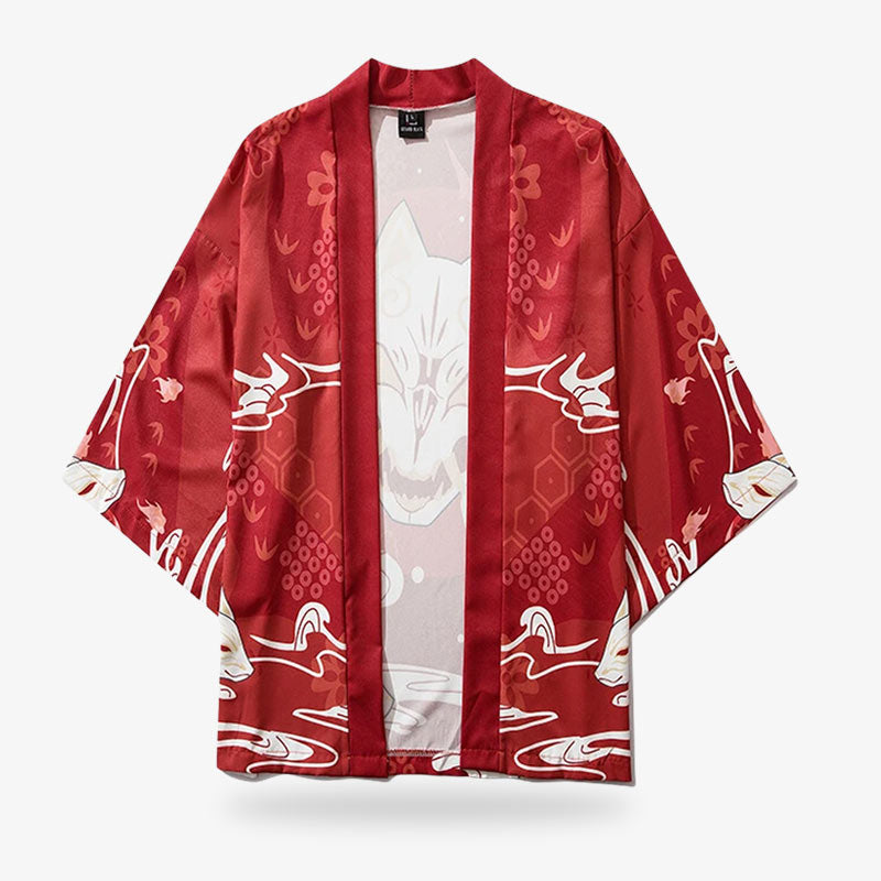 Lange Kimono Jacke Damen mit auffälligem Kitsune Fuchsmasken Print, elegantes modernes Design