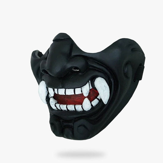 Schwarze Oni Halbmaske mit weißen Zähnen und Reißzähnen