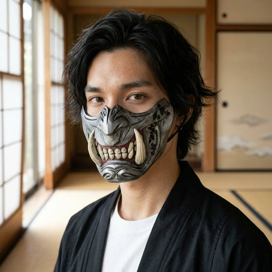 Nahaufnahme der Oni Samurai Maske mit bemalten Details in einem japanischen Tatami-Raum