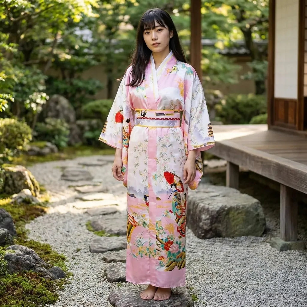 Detailansicht des Sakura und Geisha Ukiyo-e Prints auf rosa Kimono Stoff
