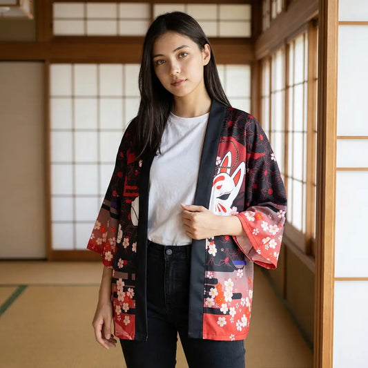 Roter Farbverlauf Kimono Cardigan von vorne, Farbe am Saum am kräftigsten