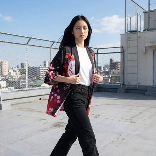 Rote Kitsune Haori Jacke Damen kombiniert mit Jeans auf einer Dachterrasse