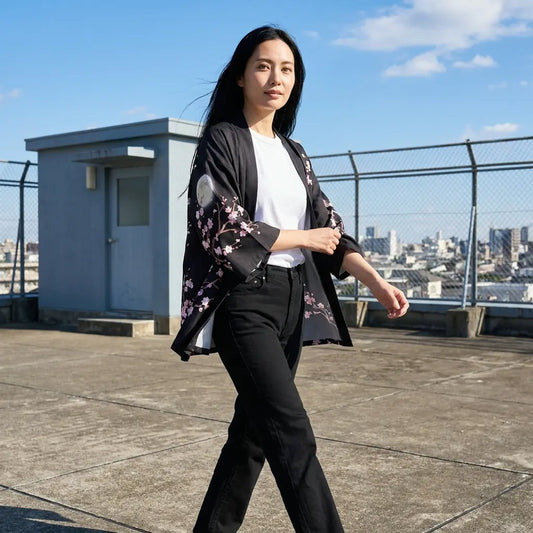 Sakura Kimono Haori weht im Wind auf einer Dachterrasse, rosa Blüten auf dem Ärmel