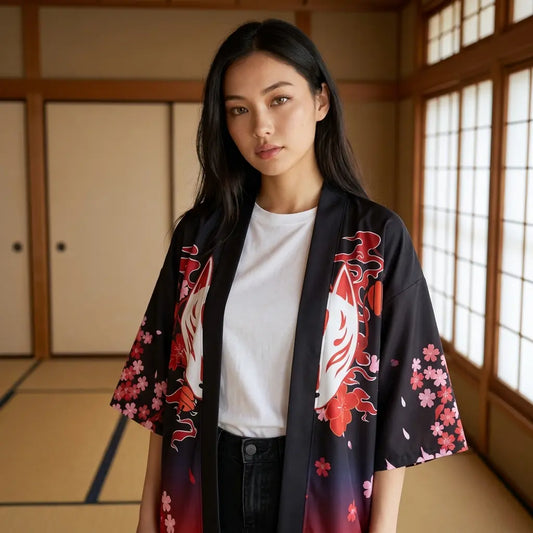 Nahaufnahme der Sakura Haori Jacke mit Farbverlauf von Rot zu Schwarz