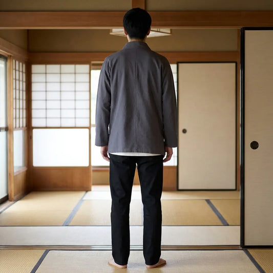 Rückenansicht des Samue Kimono Cardigans im Washitsu-Zimmer mit vollständigem Rückendesign