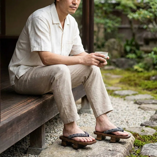 Samurai Geta Sandalen mit weißen Tabi-Socken, getragen von einem sitzenden Mann im japanischen Garten
