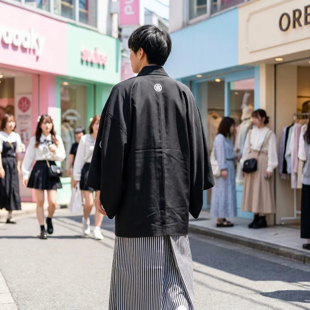 Gestreifte Hakama kombiniert mit schwarzem Kimono und weißem Juban