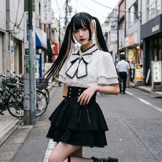 Schwarzer Volant-Minirock mit Korsett-Taillenband, seitlich fotografiert in einer Harajuku-Seitenstraße