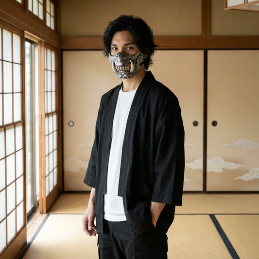 Silberne Oni Halbmaske mit Elfenbein-Zähnen in einem japanischen Tatami-Raum getragen