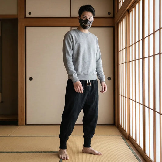 Detailansicht der schwarzen Cargo Hose im Harajuku-Stil