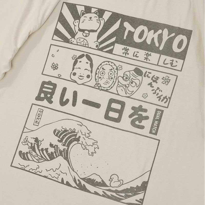 Nahaufnahme des Stoffs des Tokyo T-Shirts mit traditionellen japanischen Motiven