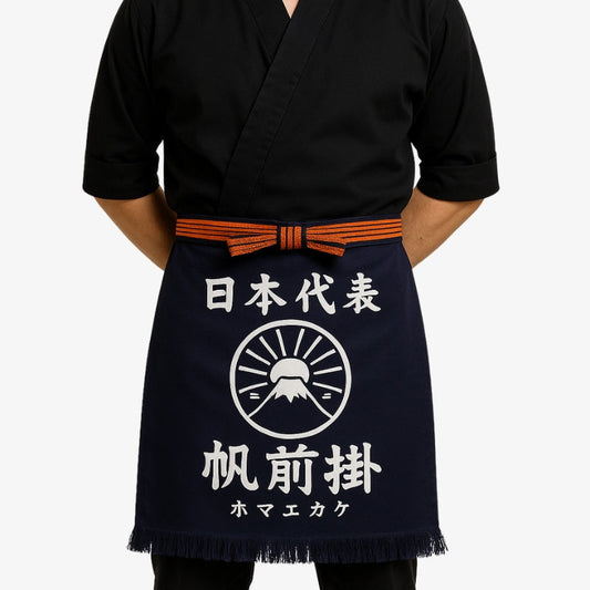 Traditionelle Kochschürze aus Baumwolle in Navy mit weißem Kanji-Print und hoher Verarbeitungsqualität