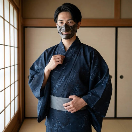 Herren Yukata Robe in dunklem Design von vorne getragen