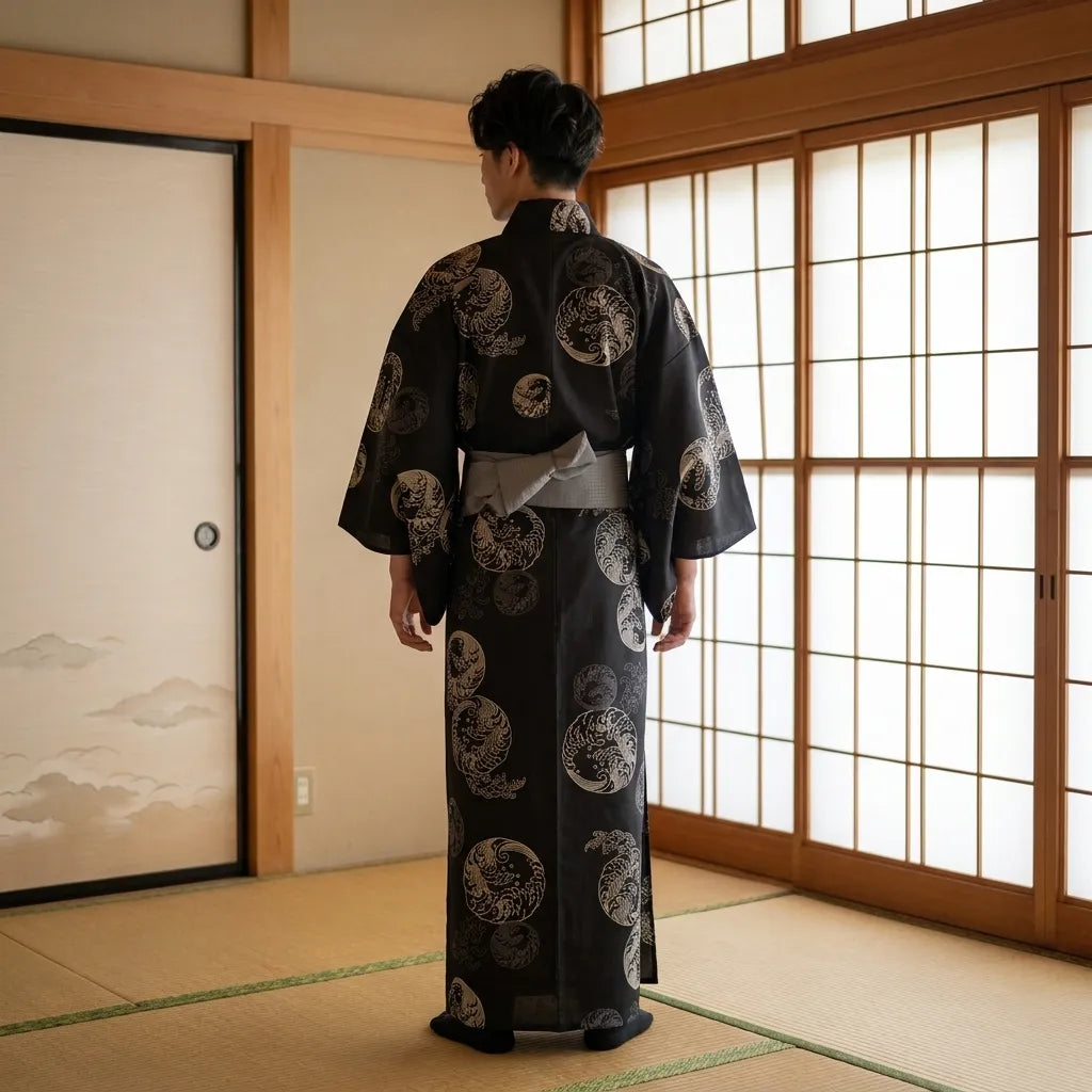 Rückansicht des Herren Yukata beim Tragen dunkles Musterdesign sichtbar