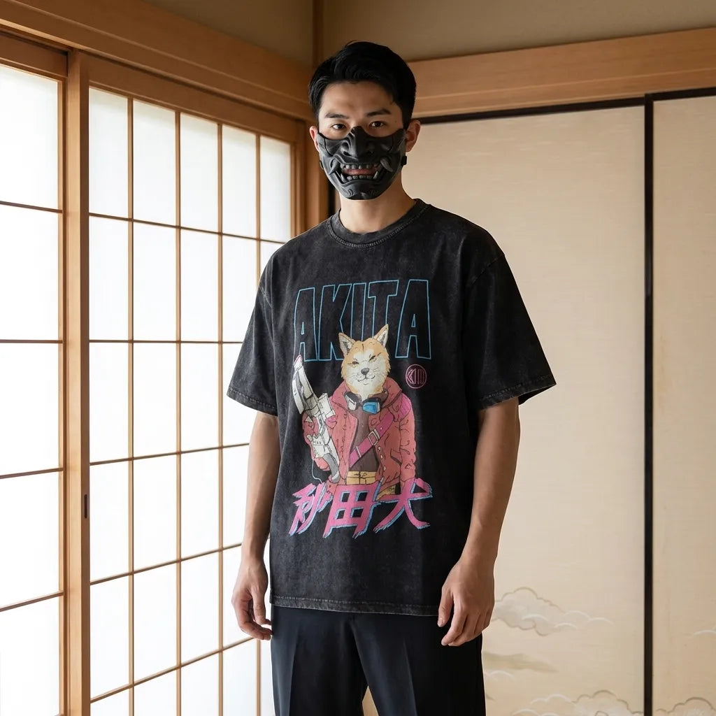 Akita T-Shirt in Streetwear-Look, Vorderansicht mit Akira-Motiv