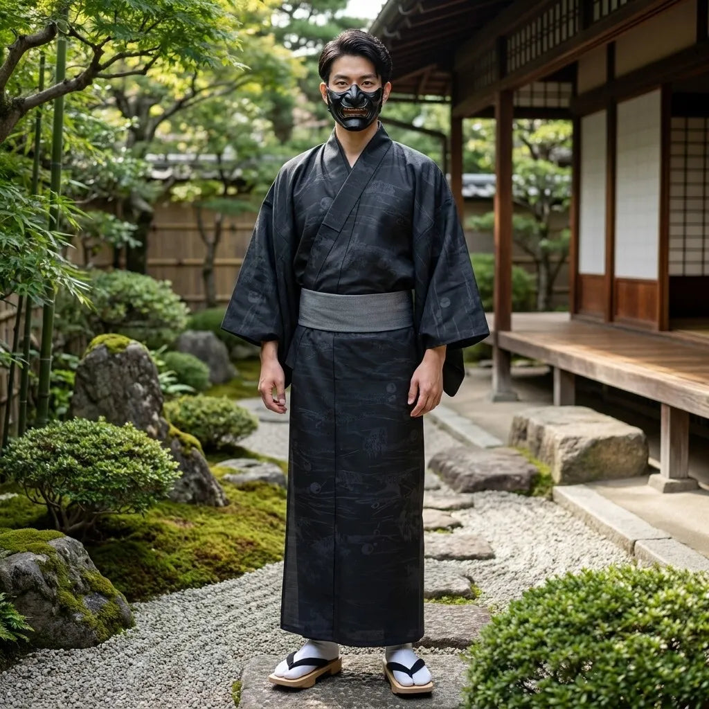 Detailansicht des feinen Bambus-Musters auf dunklem Kimono-Stoff