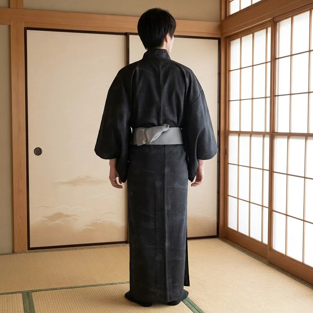 Rückansicht des dunklen Bambus Kimono Herren mit geradem Schnitt