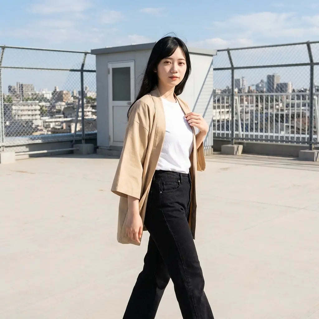 Beige Haori Jacke auf einem Dach, Model hält die Vorderseite offen