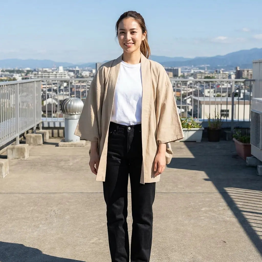 Schlichte beige Kimono Jacke in voller Länge mit weit fallenden Ärmeln