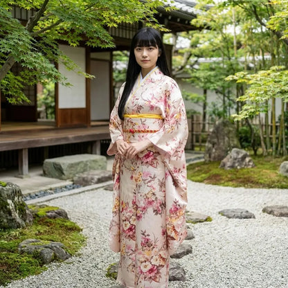Beiges Kimono Kleid mit Obi-Gürtel geschlossen, lange Silhouette gezeigt