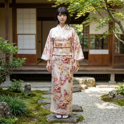 Nahaufnahme des Sakura-Zweigmusters am Ärmel des Kimono Kleids