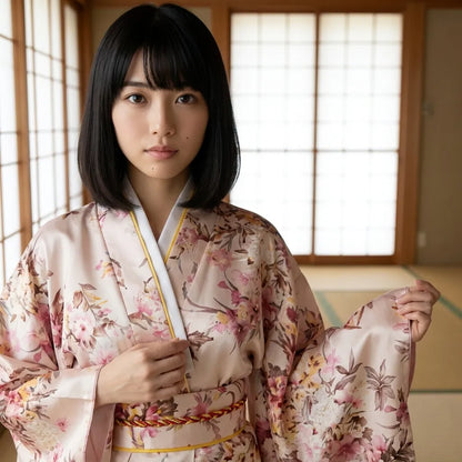 Beiges Kimono Kleid mit rosa Sakura-Blütenprint, Vorderansicht