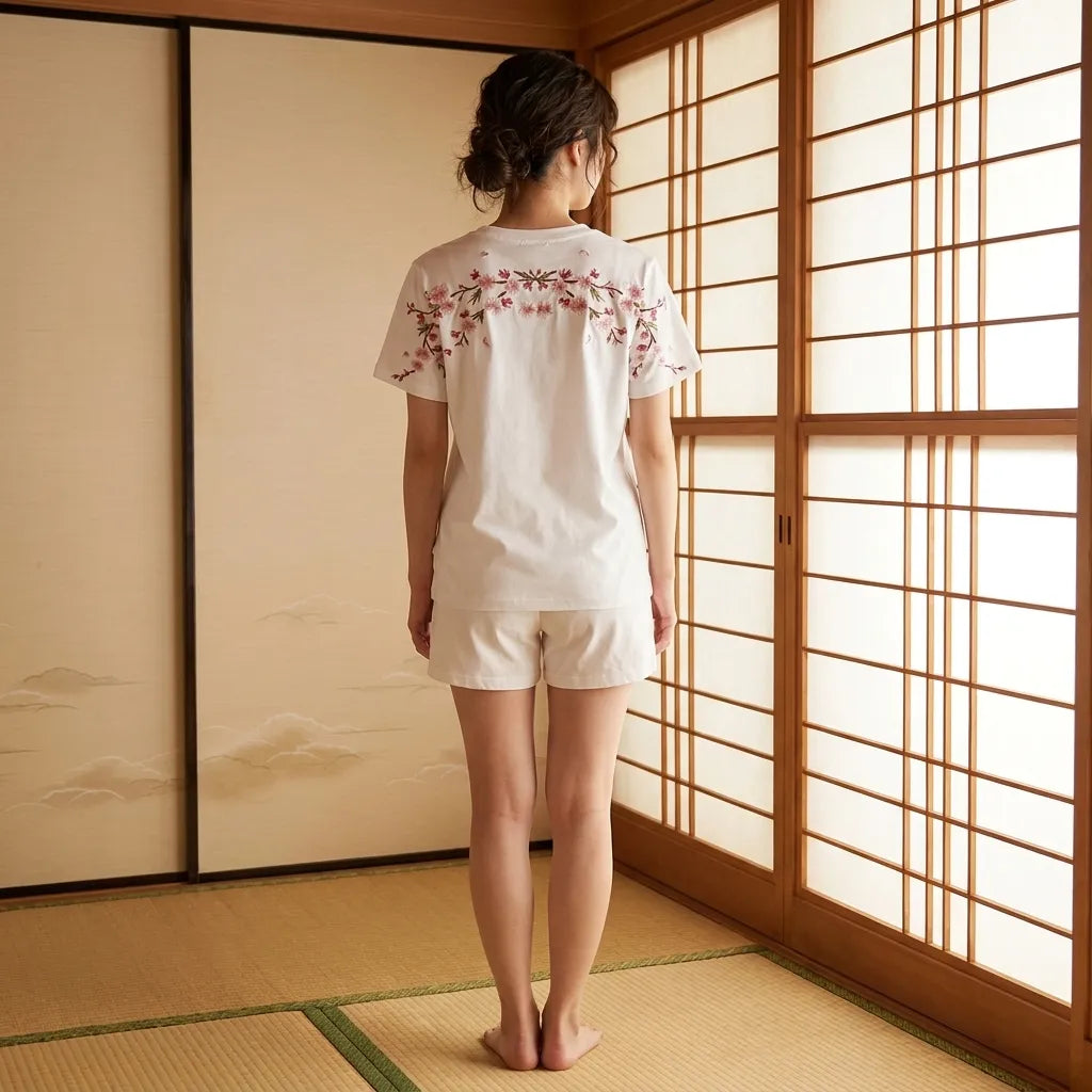 Rückenansicht des weißen Sakura-Hemds mit handgestickten Kirschblüten