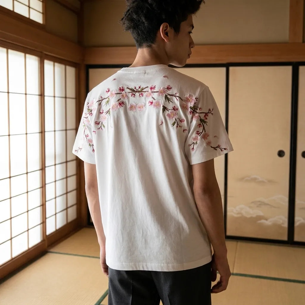Weißes Sakura-Hemd Rückenansicht mit floralem Stickmuster
