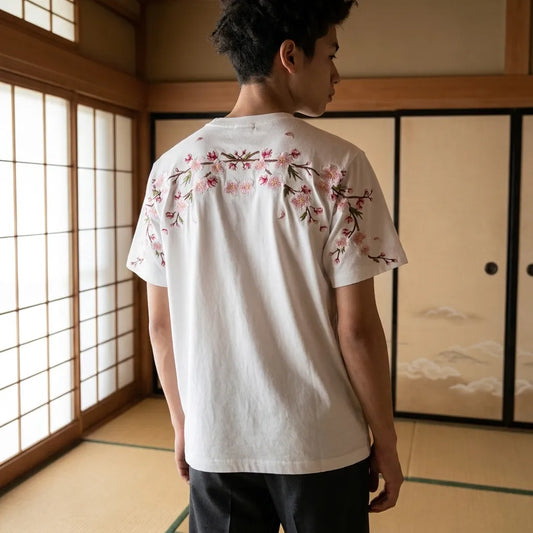 Weißes Sakura-Hemd Rückenansicht mit floralem Stickmuster