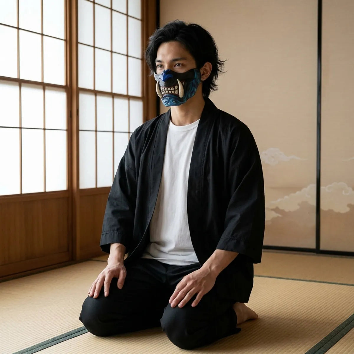 Blaue Dämonenmaske im Profil mit geschnitzter Wange und Elfenbein-Reißzahn, kniend auf Tatami