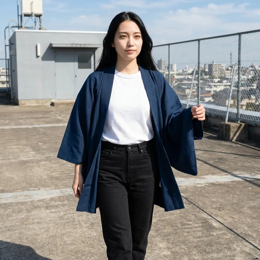 Blaue Haori-Jacke auf einem Dach fotografiert, Hände in den Taschen, weite Ärmel sichtbar.