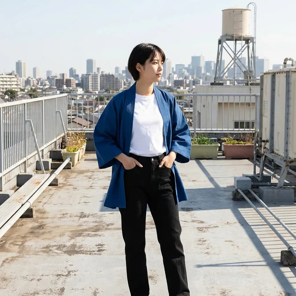 Einfarbig blaue Kimono-Jacke von vorne auf einem Dach, Skyline der Stadt im Hintergrund.
