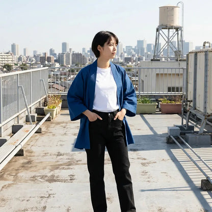 Einfarbig blaue Kimono-Jacke von vorne auf einem Dach, Skyline der Stadt im Hintergrund.